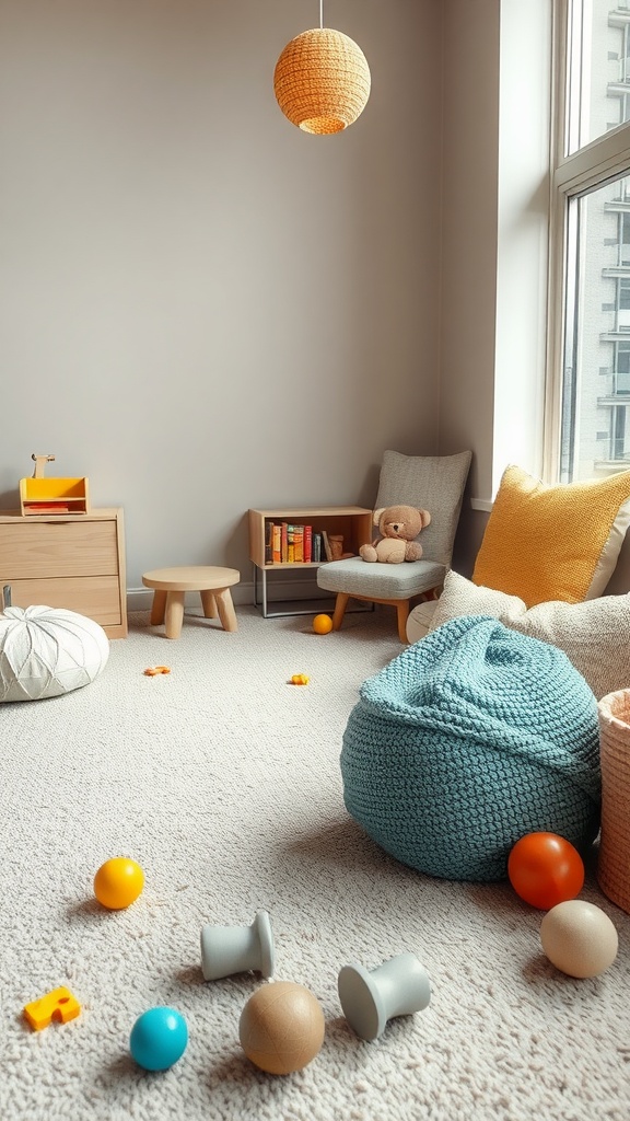 A cozy toddler playroom with various textures including soft carpets, colorful balls, and bean bags.