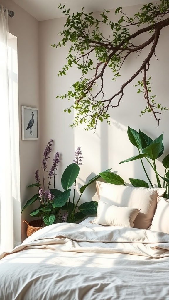 A serene bedroom with a nature-inspired mural featuring leafy branches and plants, creating a calming atmosphere.