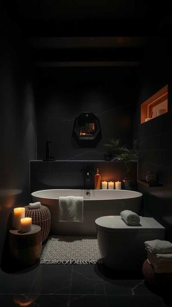 A dark, spa-like bathroom featuring a white bathtub, candles, and natural decor elements.
