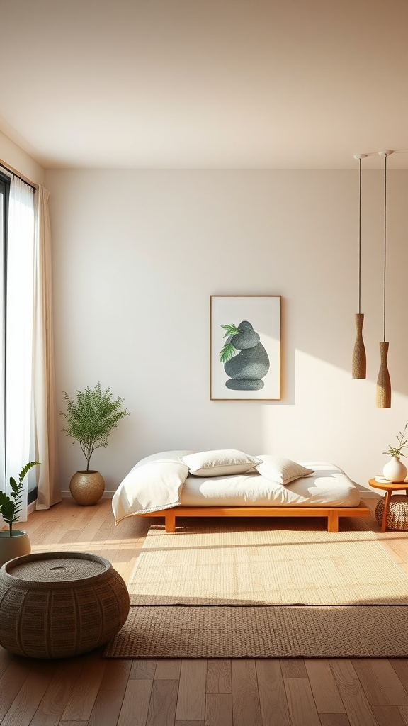 A serene bedroom with a low wooden bed, soft bedding, and natural decor, featuring a minimalist design and a calming atmosphere.