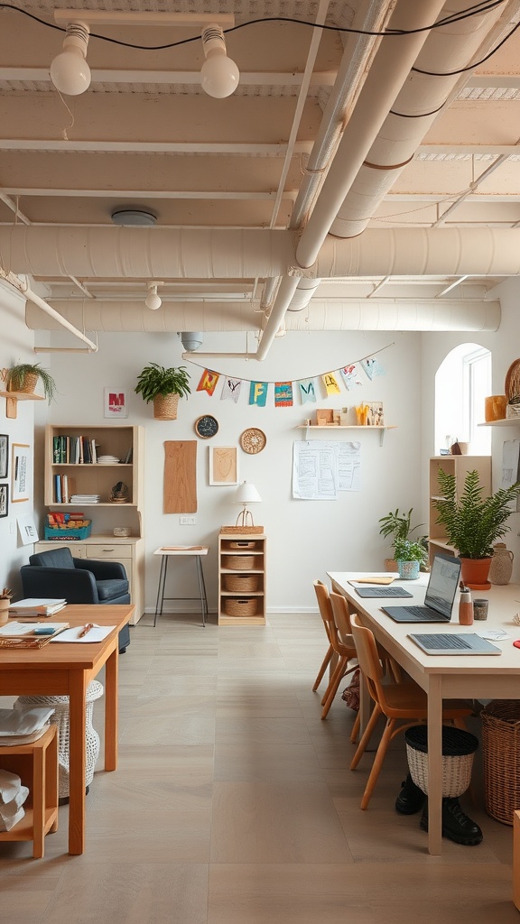 A cozy basement craft and hobby space with workstations, plants, and organized supplies.