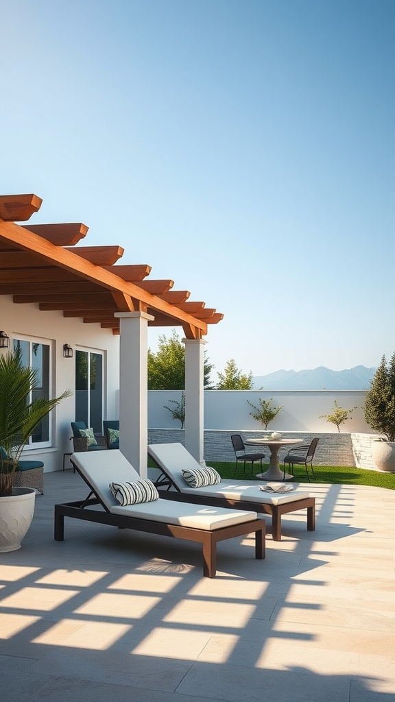 A patio with two lounge chairs under a wooden pergola, surrounded by greenery and a small table.