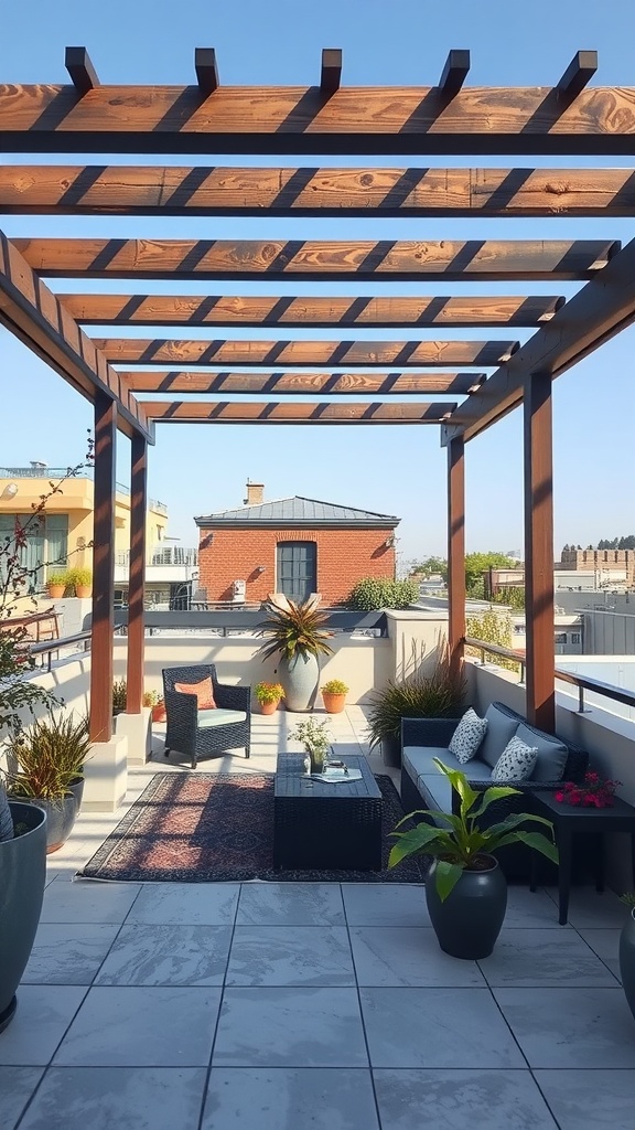 A stylish rooftop garden with a wooden pergola providing shade, seating areas, and potted plants.