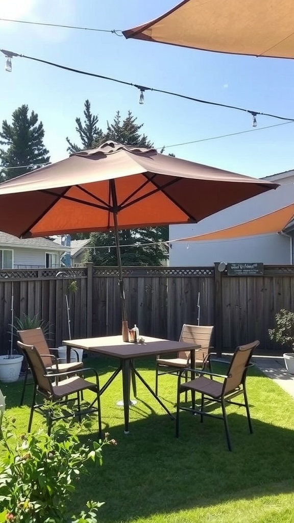 Backyard dining area with an umbrella and shade sails