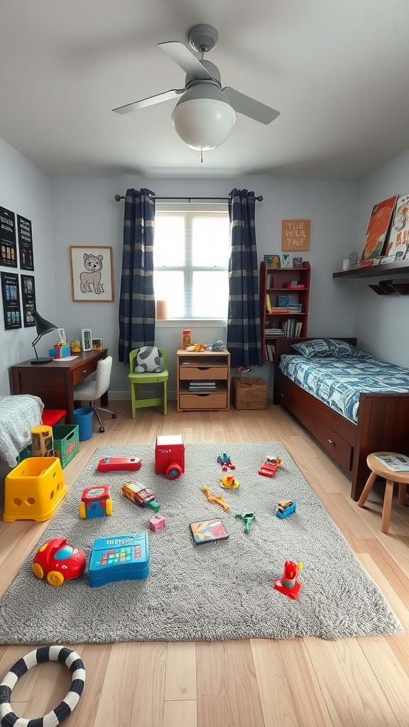 A colorful shared bedroom with toys on the floor, a bed, and a desk.