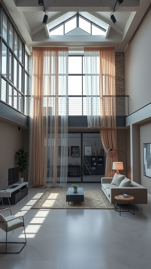 A spacious living area with sheer curtains acting as room dividers, allowing natural light to flow through.