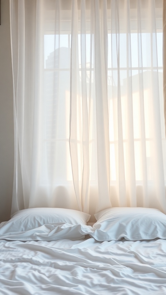 Light filtering through sheer curtains in a bedroom, illuminating a bed with white bedding.