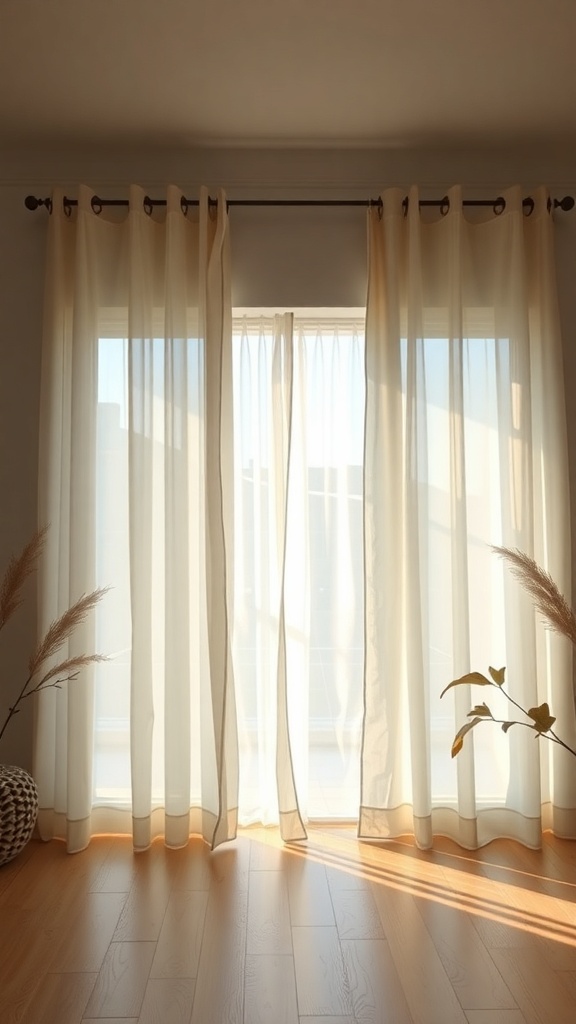 Sheer curtains hanging in front of a window, allowing soft light to enter the room, with plants nearby.