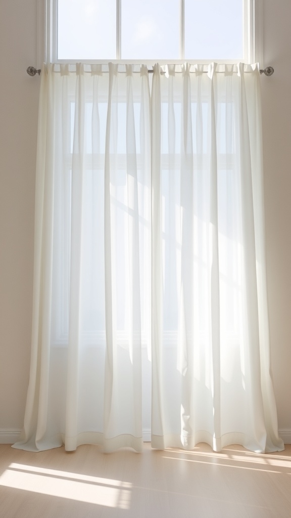 Sheer white curtains hanging in front of a window, allowing natural light to filter through.