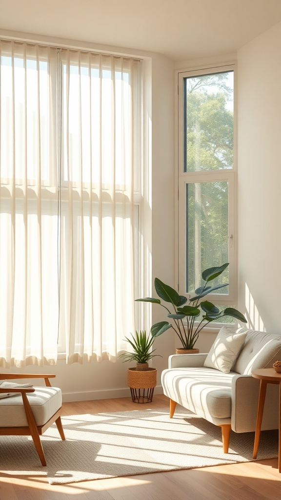 Bright living room with sheer light filtering blinds, a cozy sofa, and indoor plants.