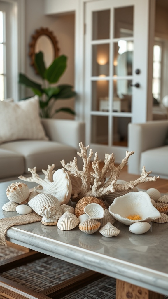 A collection of shells and coral arranged on a coffee table in a cozy living room setting.