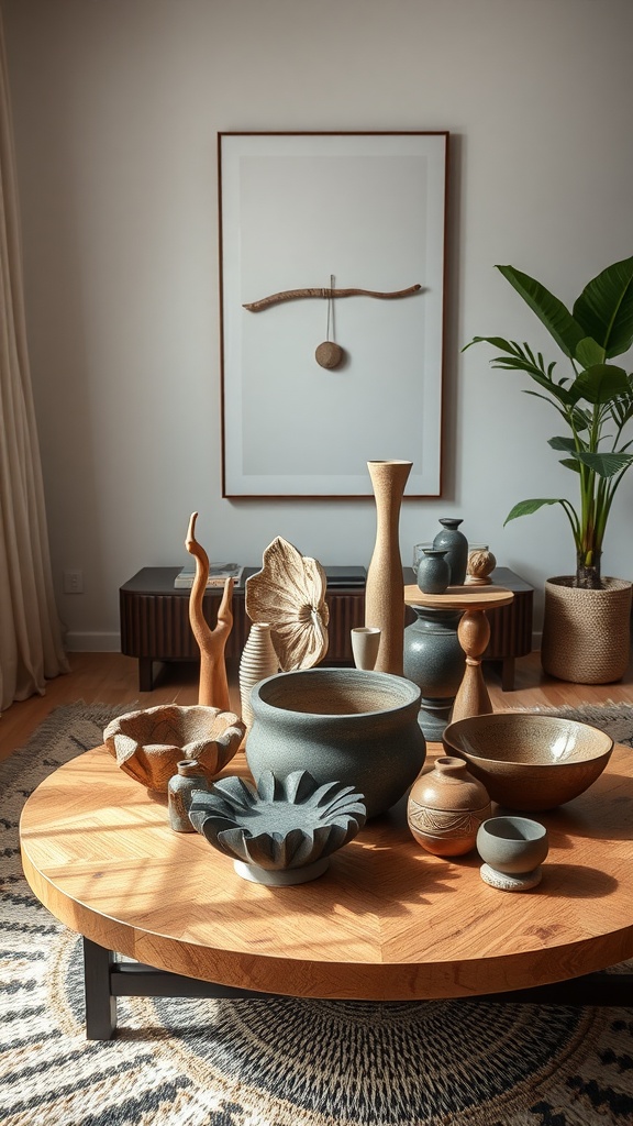 A round coffee table decorated with various unique pottery and wooden objects, surrounded by a cozy living space.