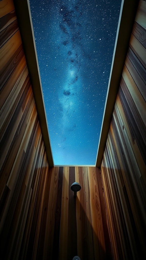 A wooden outdoor shower with an open skylight revealing a starry night sky.
