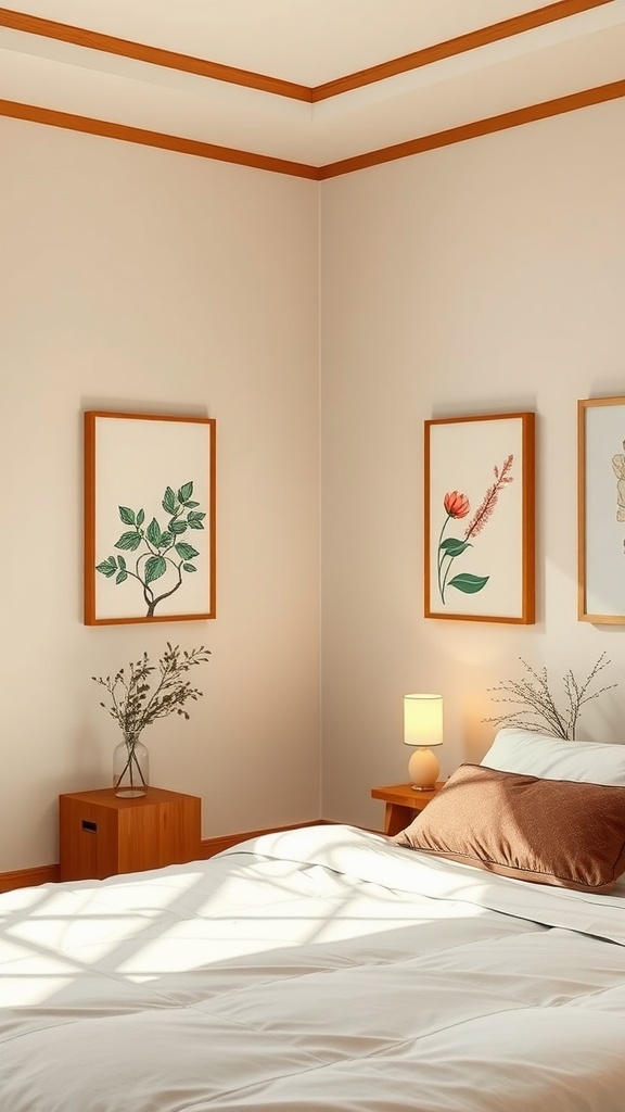 Minimalist bedroom with nature-inspired artworks