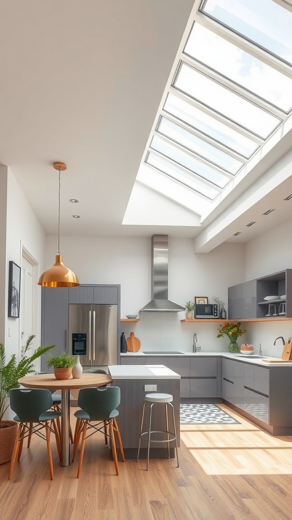 Modern kitchen with skylights allowing natural light to flood the space