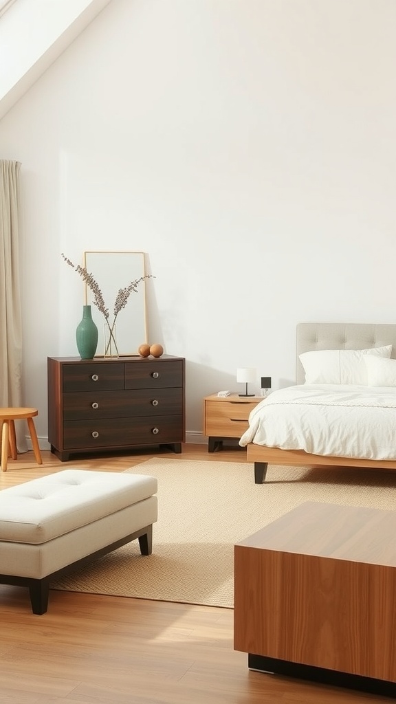 A minimalist Japandi bedroom featuring sleek furniture with clean lines.