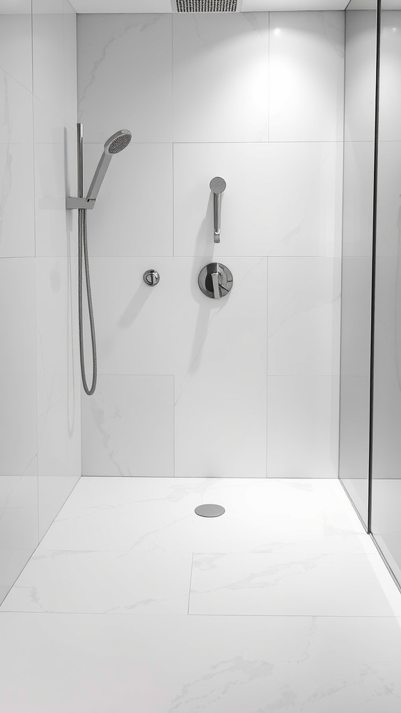A modern shower with large white tiles on the walls and floor, featuring a sleek shower head and minimalistic design.
