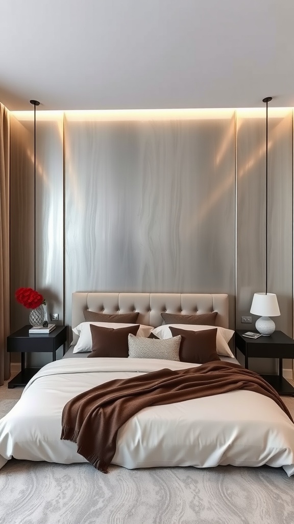 A modern bedroom featuring a sleek metallic accent wall with soft lighting, a plush bed, and stylish decor.