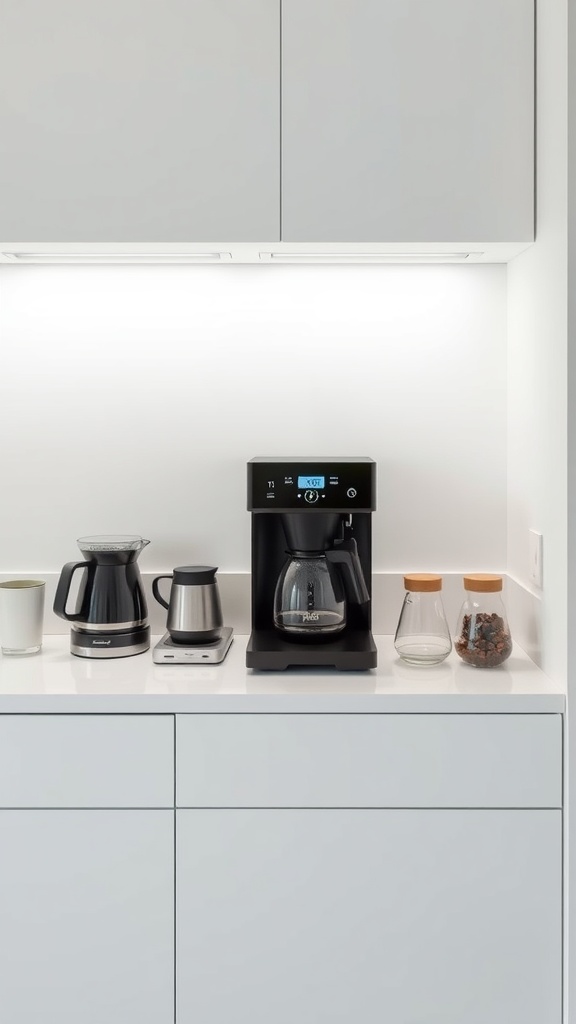 A minimalist coffee station featuring a coffee maker, kettle, and glass containers on a white countertop.