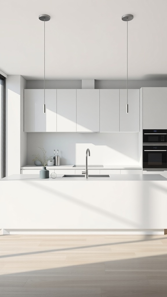 A sleek minimalist kitchen island with modern sink and pendant lights.