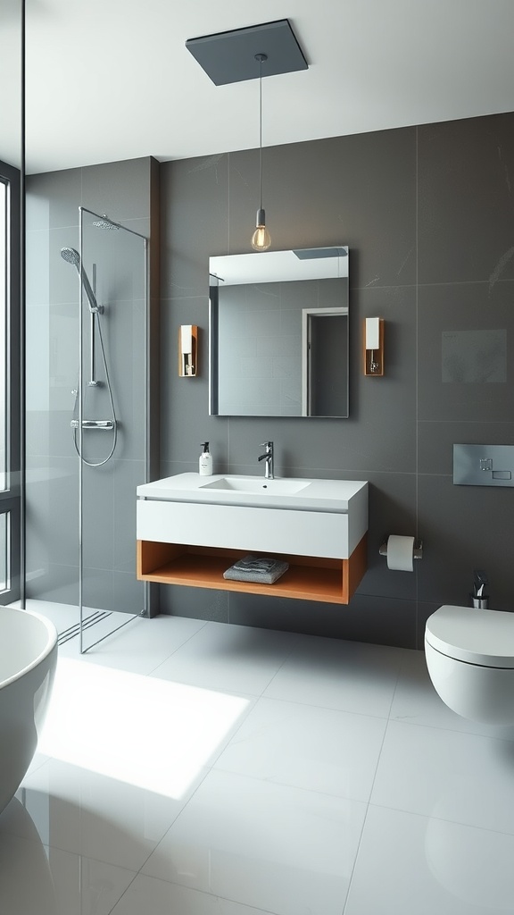 A modern bathroom featuring sleek fixtures, a floating vanity, and stylish lighting.