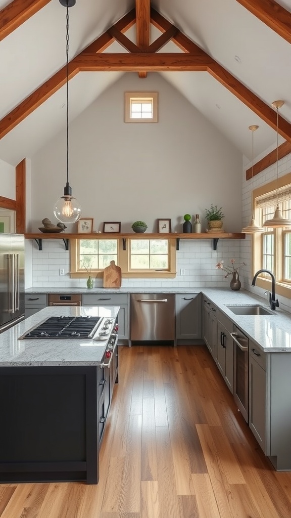 A modern kitchen with high ceilings, wooden beams, and sleek cabinetry.
