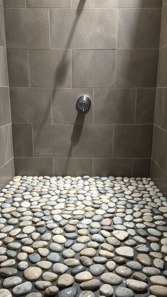 A shower floor made of smooth pebbles with gray tiled walls and a modern shower head.