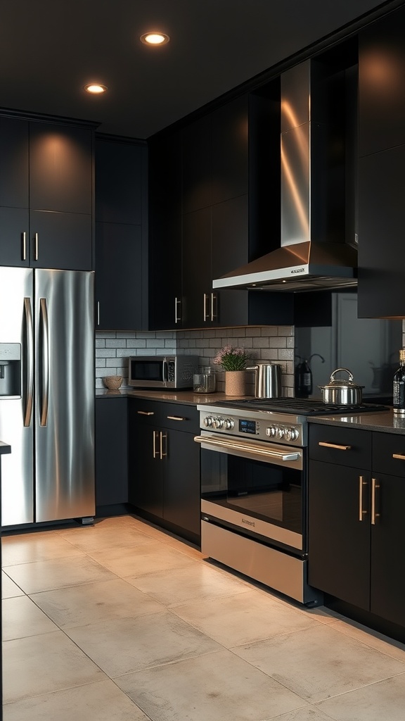 Modern black and white kitchen featuring stainless steel appliances