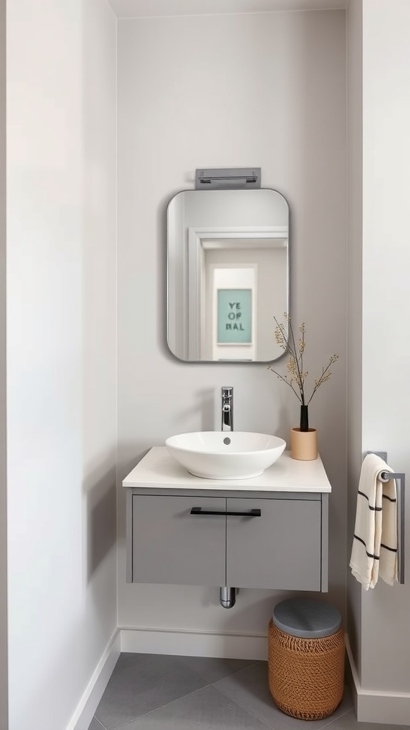 A modern small bathroom with a wall-mounted grey vanity, round mirror, and decorative plant.