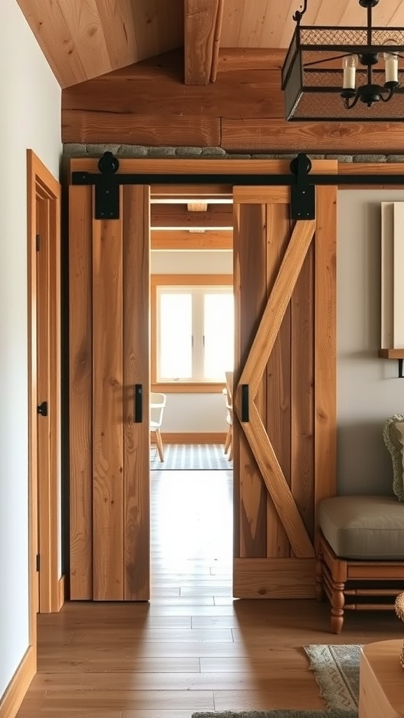 A rustic sliding barn door made of natural wood, showcasing its grain and design, set in a cozy interior.