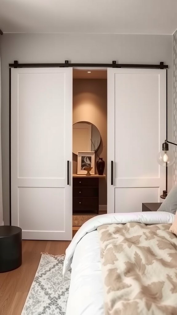 A stylish bedroom featuring sliding doors for a compact closet.
