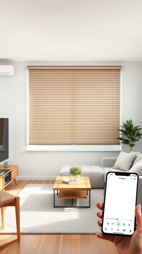 A living room with smart blinds and a person controlling them via smartphone.