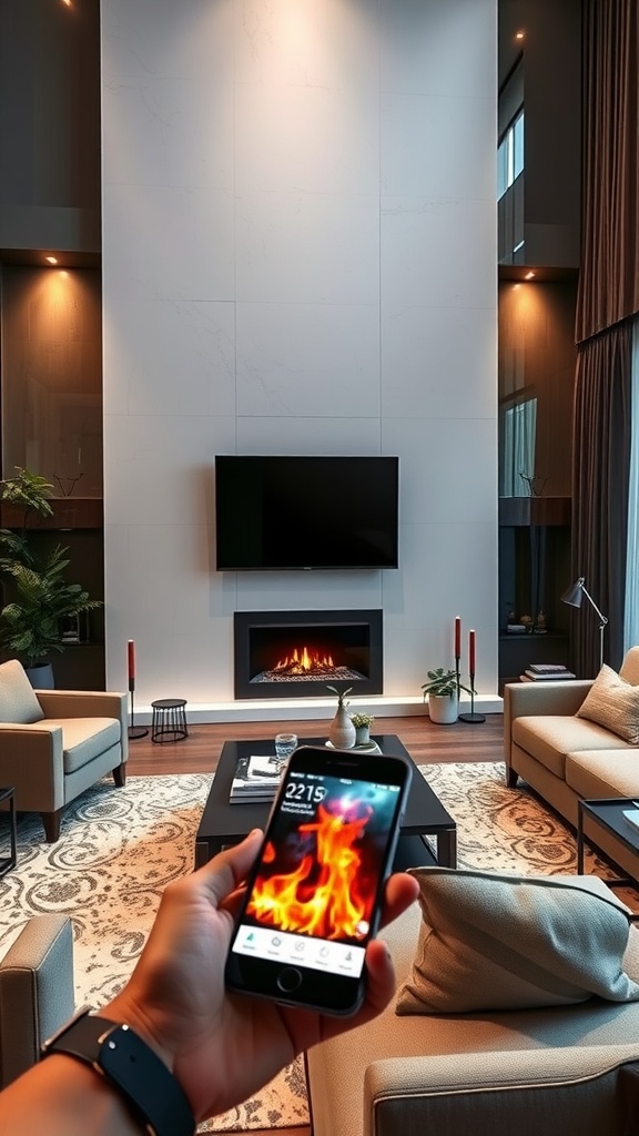 Modern living room with a stylish fireplace and a TV, showcasing smart home integration.