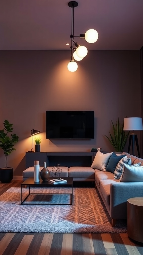 A modern living room with stylish pendant lights, a cozy sofa, and plants, showcasing smart lighting solutions.