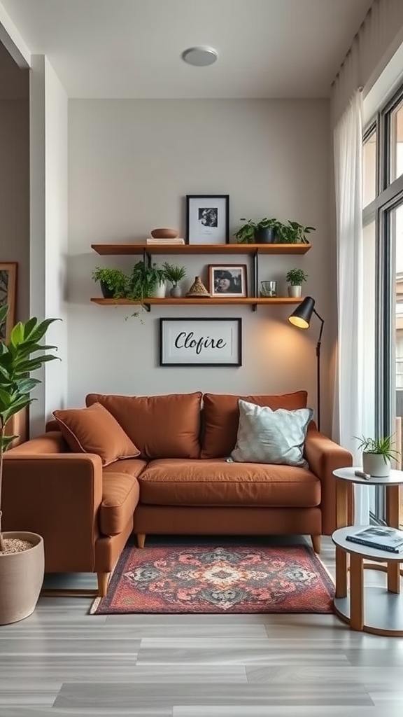 Cozy living room with a brown sofa, shelves with plants and photos, and a side table.