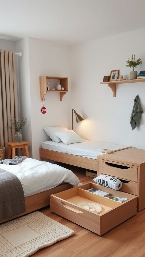 A Scandinavian style bedroom with smart storage solutions, featuring wooden bed frames with drawers, open shelves, and a cozy atmosphere.