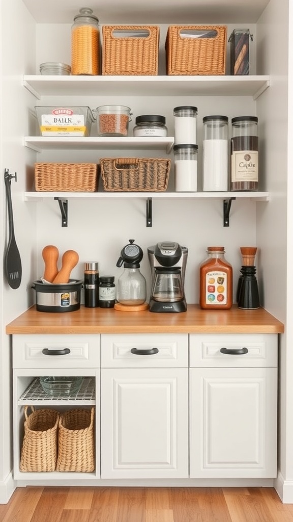 A well-organized coffee bar with shelves holding containers, a coffee maker, and wicker baskets.