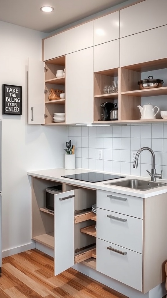 Compact kitchen with smart storage solutions, including cabinets and pull-out drawers.
