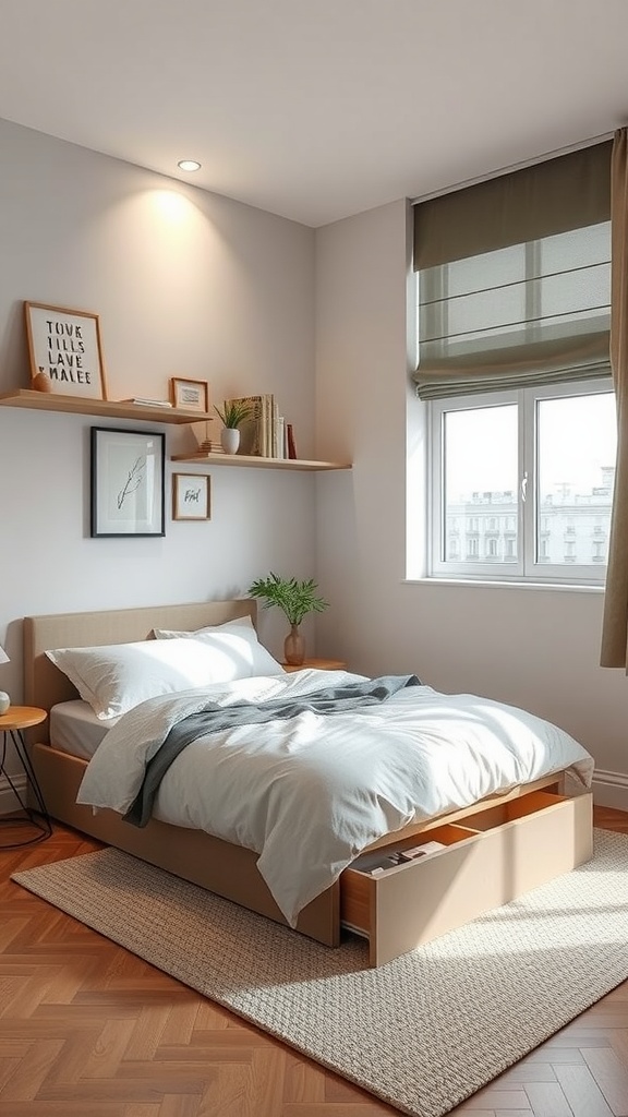A minimalist bedroom with a bed featuring storage drawers, wall-mounted shelves, and natural light from a window.