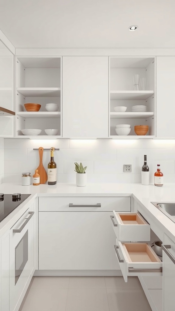 A modern white kitchen featuring open shelves and drawers, showcasing smart storage solutions.