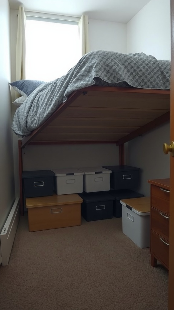 An elevated bed with storage boxes neatly arranged underneath in a small room.