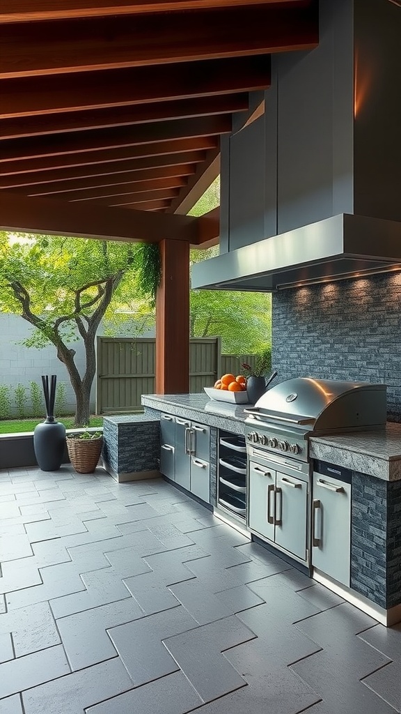 Modern outdoor kitchen with stainless steel appliances and smart technology features