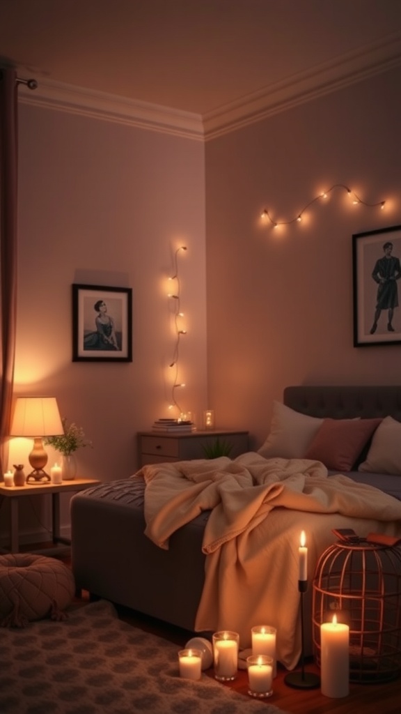 romantic bedroom ideas with soft ambient lighting, featuring candles, fairy lights, and warm colors.