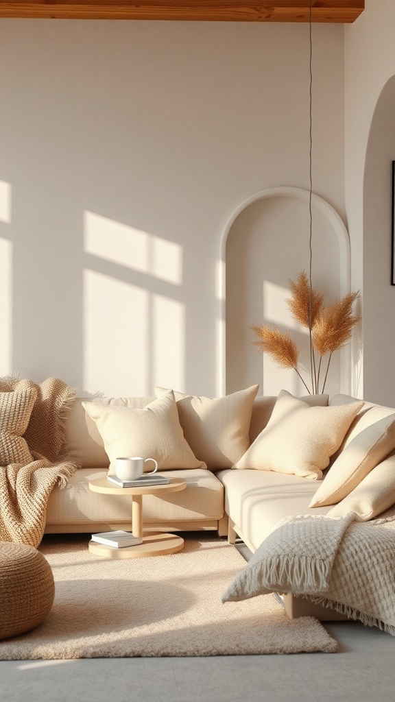 A cozy living room with soft beige textures, featuring a plush couch, pillows, a round coffee table, and dried plants.