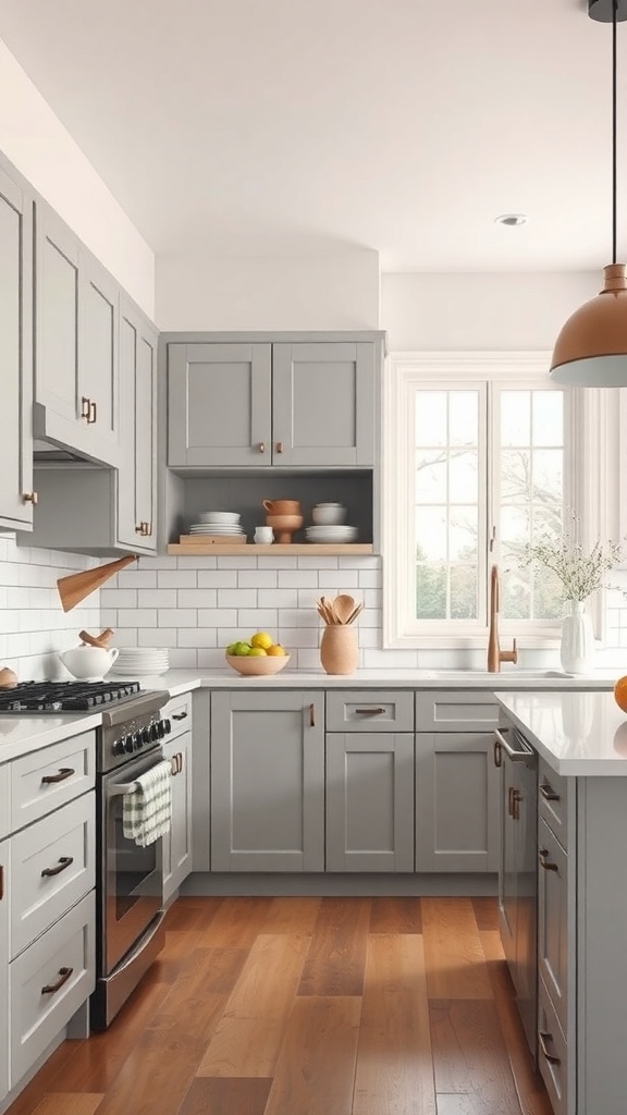 A modern kitchen featuring soft gray cabinets, wooden flooring, and natural light.
