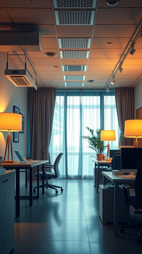 A modern office space with soft lighting from lamps and natural light filtering through curtains.