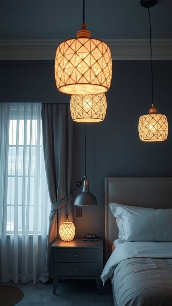 A cozy bedroom featuring soft pendant lights hanging above the bed, creating a warm and inviting atmosphere