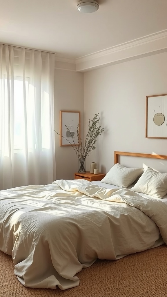A cozy Japandi style bedroom featuring a comfortable bed with soft, light-colored bedding and natural light streaming in through sheer curtains.