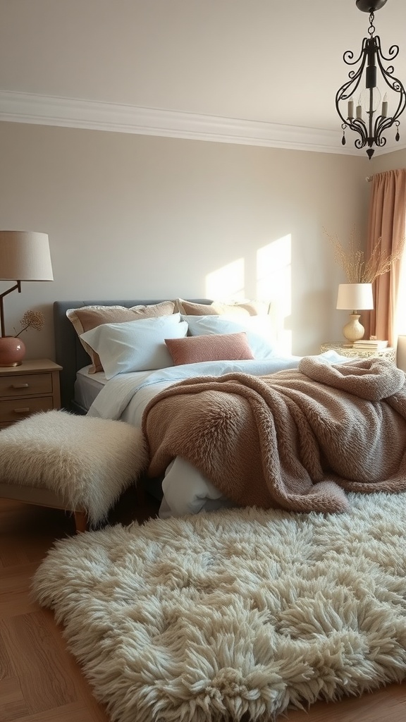 A cozy romantic bedroom featuring soft textures like fluffy throws and a shaggy rug.