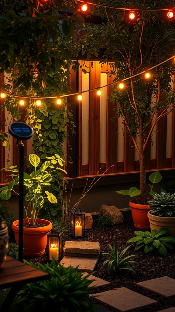 A cozy garden scene with solar-powered string lights and lanterns illuminating plants and stone pathways.